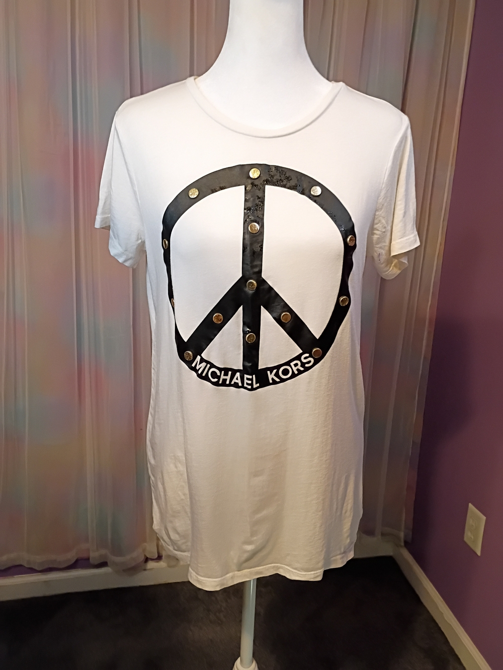 Michael Kors White Short Sleeve Tee Black Peace Graphic Gold Studs Size Medium